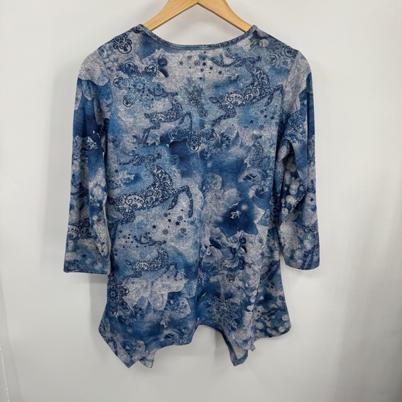 OneWorld Shirt Womens S Blue Snowman Rhinestone Asymmetric Tunic Holiday Office - Picture 2 of 8